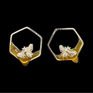 Hexagon Bee-Themed Resin & Silver-Tone Stud Earrings